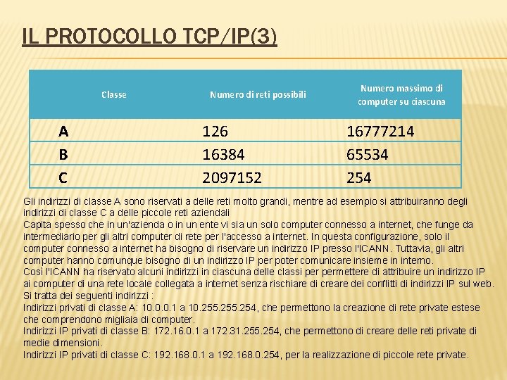 IL PROTOCOLLO TCP/IP(3) Classe A B C Numero di reti possibili 126 16384 2097152