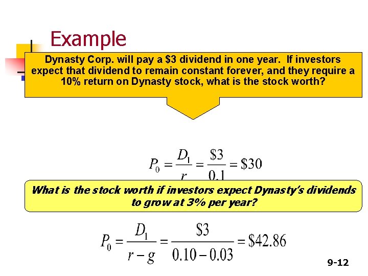 Example Dynasty Corp. will pay a $3 dividend in one year. If investors expect Example Dynasty Corp. will pay a $3 dividend in one year. If investors expect