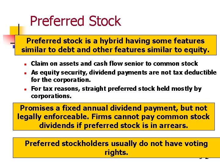 Preferred Stock Preferred stock is a hybrid having some features similar to debt and Preferred Stock Preferred stock is a hybrid having some features similar to debt and