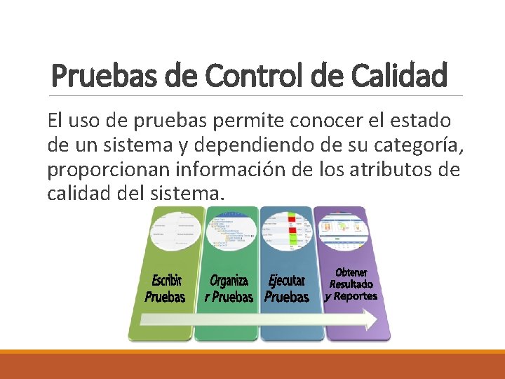 Pruebas de Control de Calidad El uso de pruebas permite conocer el estado de