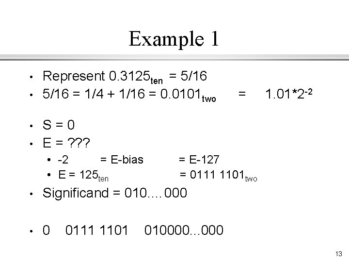 Example 1 • • Represent 0. 3125 ten = 5/16 = 1/4 + 1/16