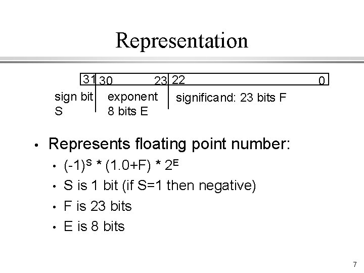 Representation 31 30 23 22 sign bit exponent significand: 23 bits F S 8