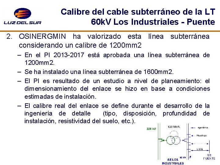 Calibre del cable subterráneo de la LT 60 k. V Los Industriales - Puente