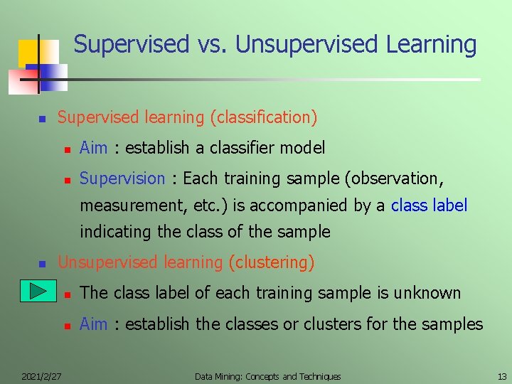 Supervised vs. Unsupervised Learning n Supervised learning (classification) n Aim : establish a classifier