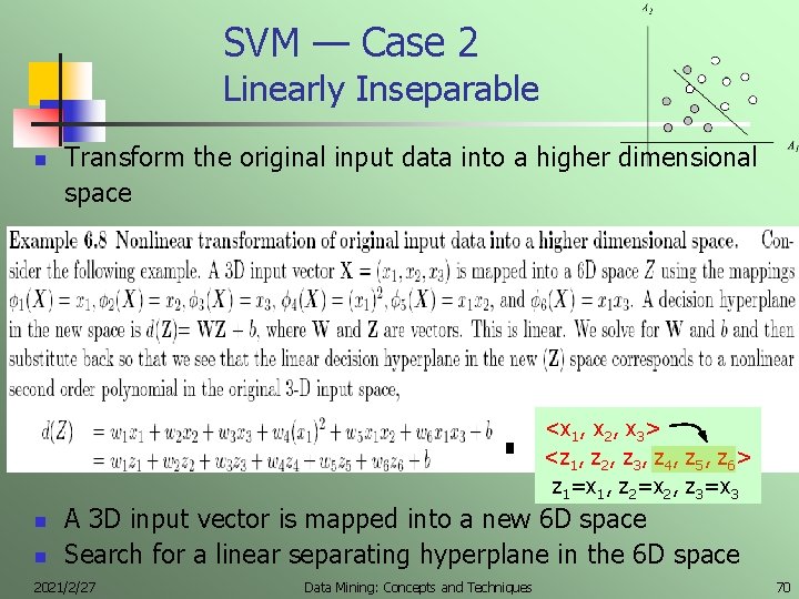 SVM — Case 2 Linearly Inseparable n Transform the original input data into a