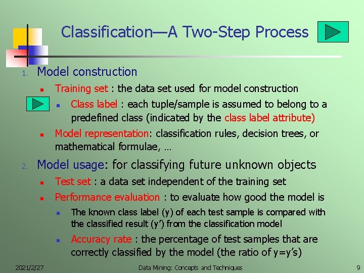 Classification—A Two-Step Process 1. Model construction n Training set : the data set used