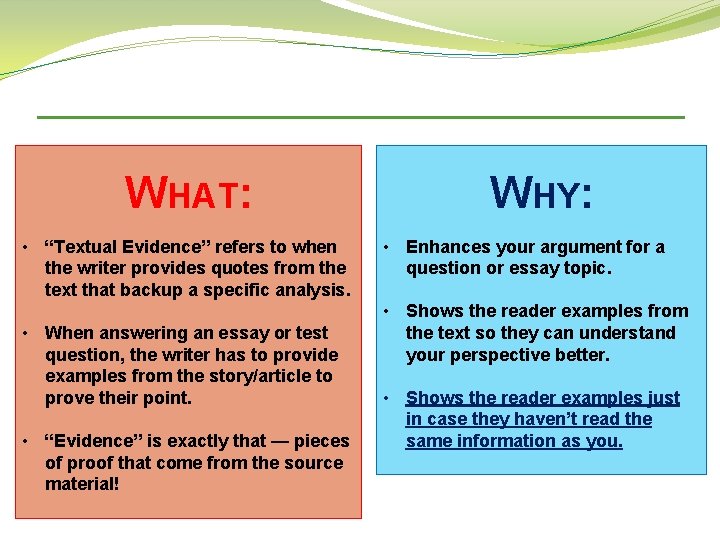 WHAT: • “Textual Evidence” refers to when the writer provides quotes from the text