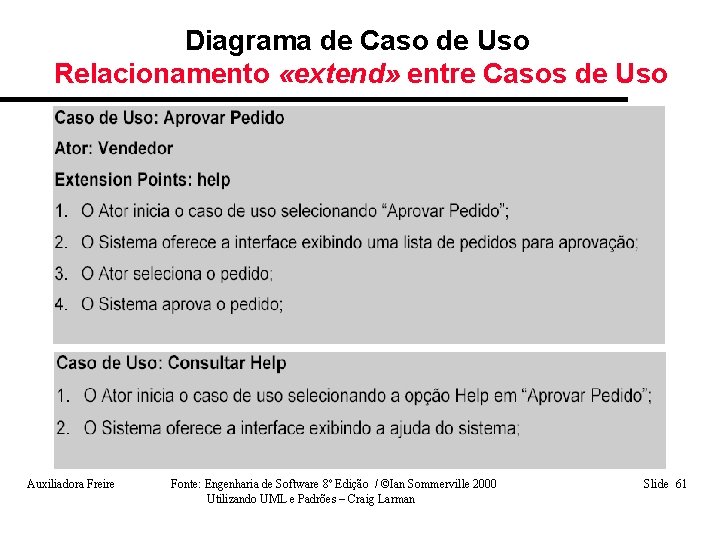 Diagrama de Caso de Uso Relacionamento «extend» entre Casos de Uso Auxiliadora Freire Fonte: