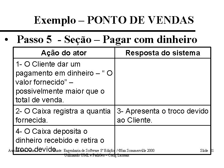 Exemplo – PONTO DE VENDAS • Passo 5 - Seção – Pagar com dinheiro