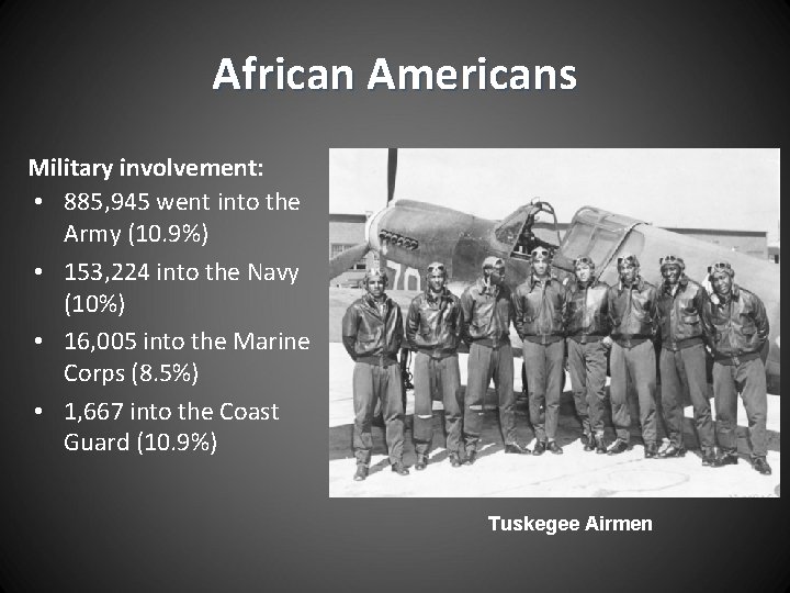 African Americans Military involvement: • 885, 945 went into the Army (10. 9%) •