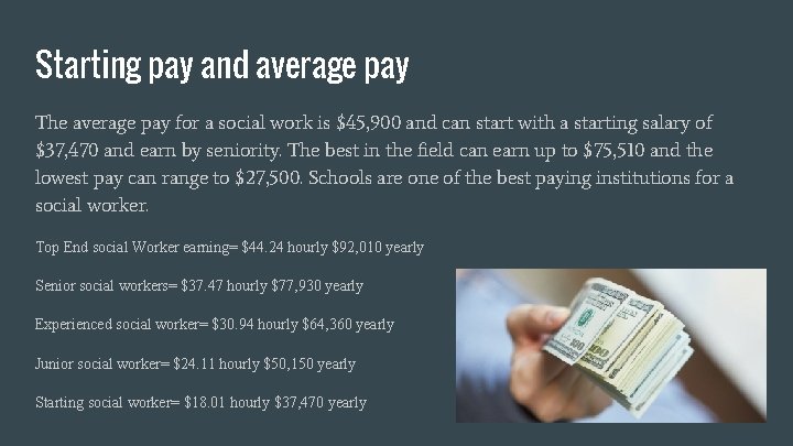 Starting pay and average pay The average pay for a social work is $45,