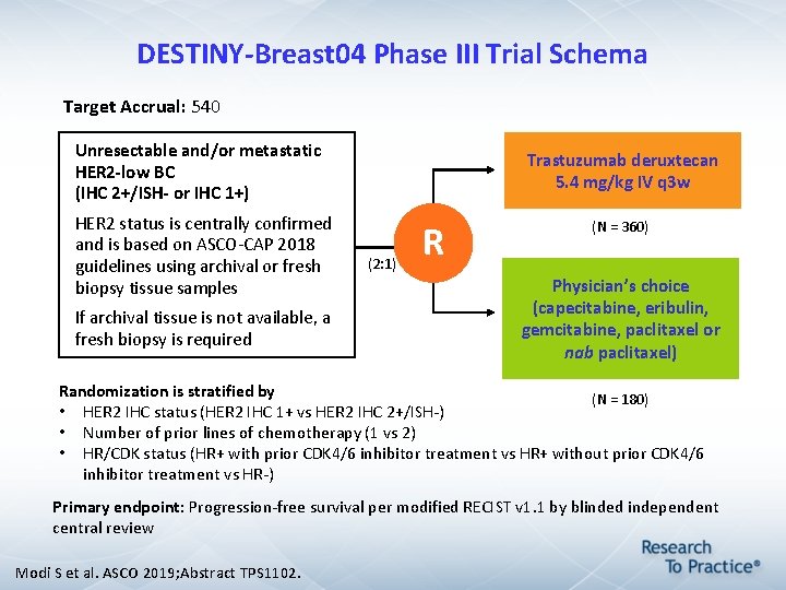 DESTINY-Breast 04 Phase III Trial Schema Target Accrual: 540 Unresectable and/or metastatic HER 2 DESTINY-Breast 04 Phase III Trial Schema Target Accrual: 540 Unresectable and/or metastatic HER 2