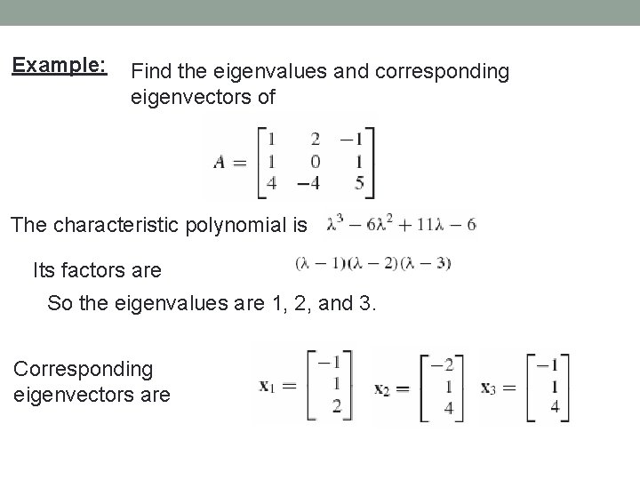 Example: Find the eigenvalues and corresponding eigenvectors of The characteristic polynomial is Its factors