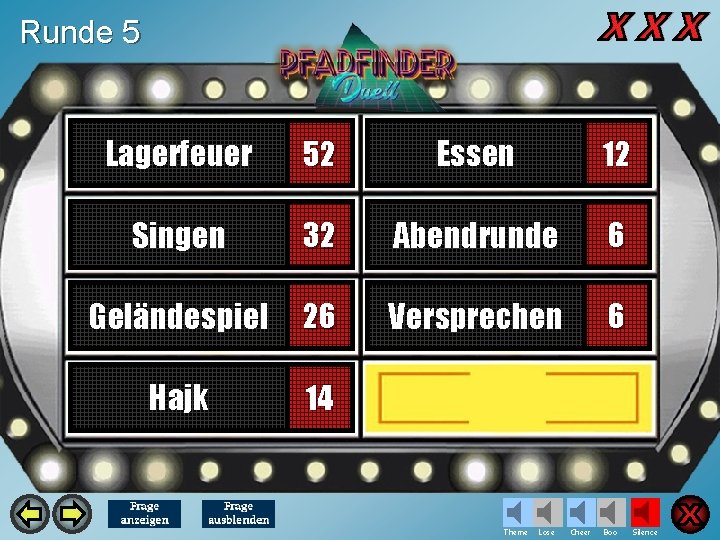 Runde 5 Lagerfeuer 52 Essen 12 Singen 32 Abendrunde 6 Geländespiel 26 Versprechen 6