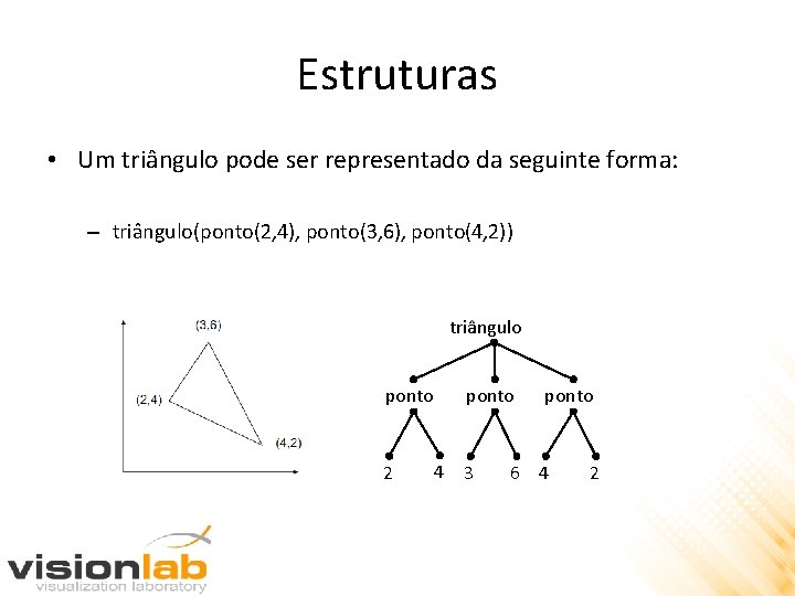 Estruturas • Um triângulo pode ser representado da seguinte forma: – triângulo(ponto(2, 4), ponto(3,