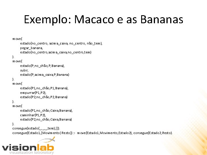 Exemplo: Macaco e as Bananas move( estado(no_centro, acima_caixa, no_centro, não_tem), pegar_banana, estado(no_centro, acima_caixa, no_centro,