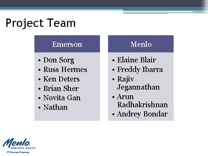 Project Team Emerson • Don Sorg • Russ Hermes • Ken Deters • Brian Project Team Emerson • Don Sorg • Russ Hermes • Ken Deters • Brian