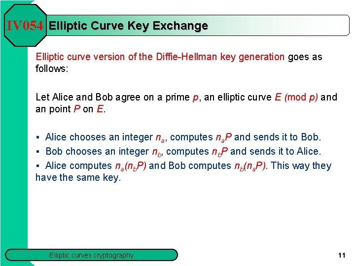 IV 054 Elliptic Curve Key Exchange Elliptic curve version of the Diffie Hellman key