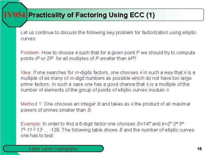IV 054 Practicality of Factoring Using ECC (1) Let us continue to discuss the