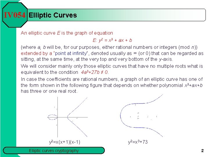 IV 054 Elliptic Curves An elliptic curve E is the graph of equation E:
