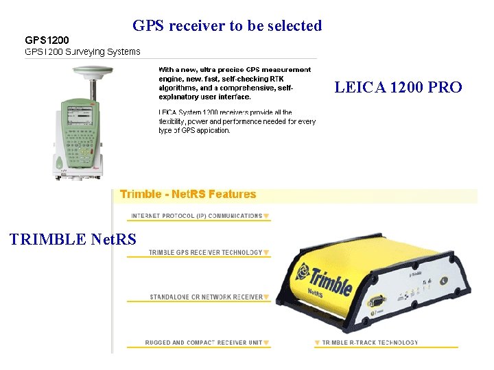 GPS receiver to be selected LEICA 1200 PRO TRIMBLE Net. RS 
