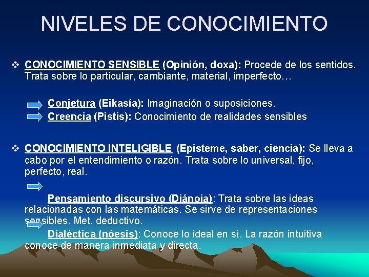 NIVELES DE CONOCIMIENTO v CONOCIMIENTO SENSIBLE (Opinión, doxa): Procede de los sentidos. Trata sobre