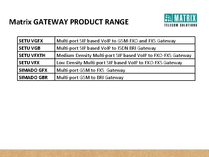 Matrix GATEWAY PRODUCT RANGE SETU VGFX SETU VGB SETU VFXTH SETU VFX SIMADO GBR