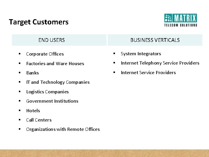 Target Customers END USERS BUSINESS VERTICALS § Corporate Offices § System Integrators § Factories