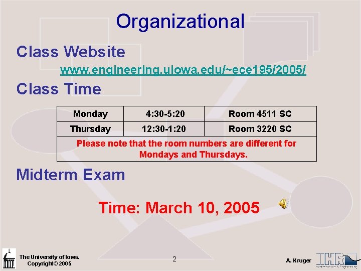 Organizational Class Website www. engineering. uiowa. edu/~ece 195/2005/ Class Time Monday 4: 30 -5: