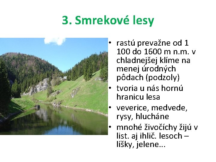 3. Smrekové lesy • rastú prevažne od 1 100 do 1600 m n. m.