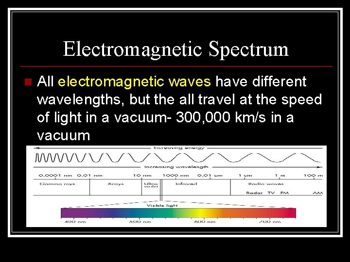 Electromagnetic Spectrum n All electromagnetic waves have different wavelengths, but the all travel at