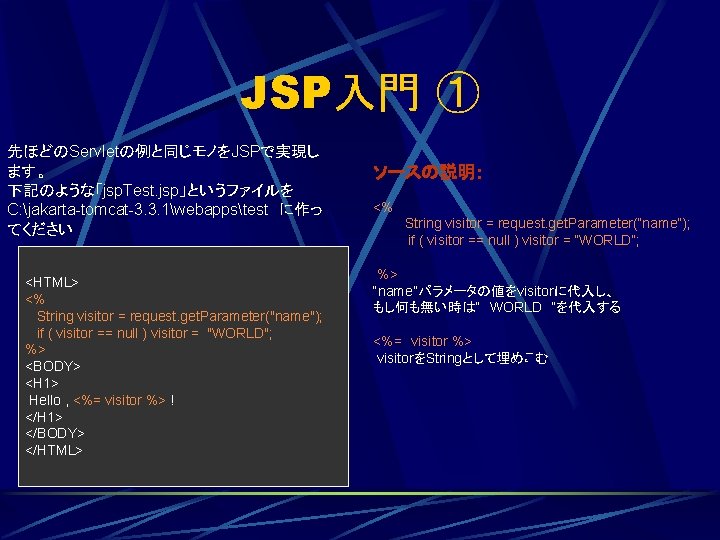 JSP入門 ① 先ほどのServletの例と同じモノをJSPで実現し ます。　 下記のような「jsp. Test. jsp」というファイルを C: jakarta-tomcat-3. 3. 1webappstest　に作っ てください <HTML> <%