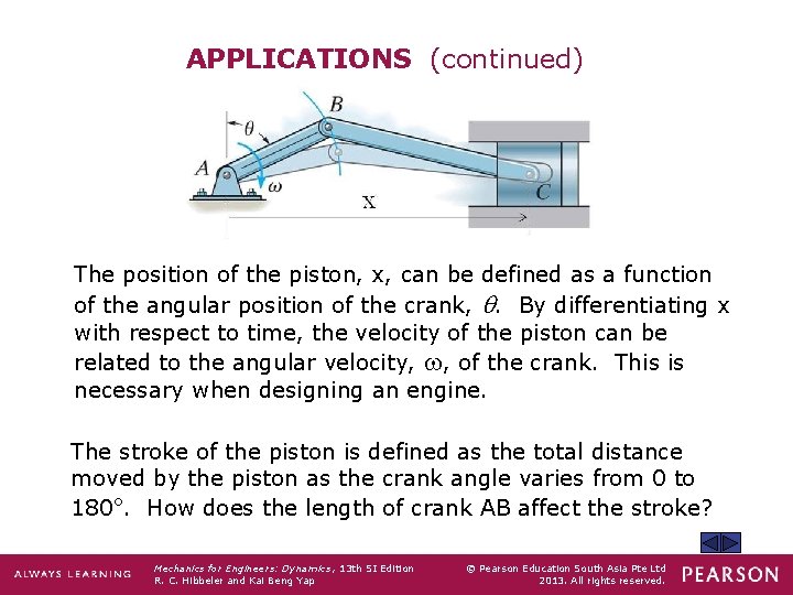 APPLICATIONS (continued) The position of the piston, x, can be defined as a function