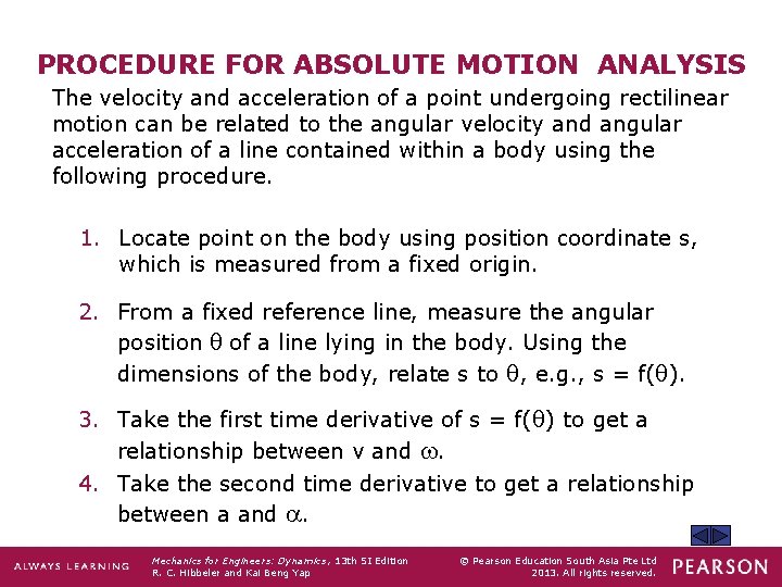 PROCEDURE FOR ABSOLUTE MOTION ANALYSIS The velocity and acceleration of a point undergoing rectilinear