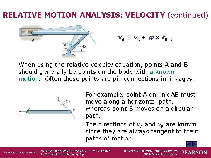 RELATIVE MOTION ANALYSIS: VELOCITY (continued) v. B = v. A + w × r.