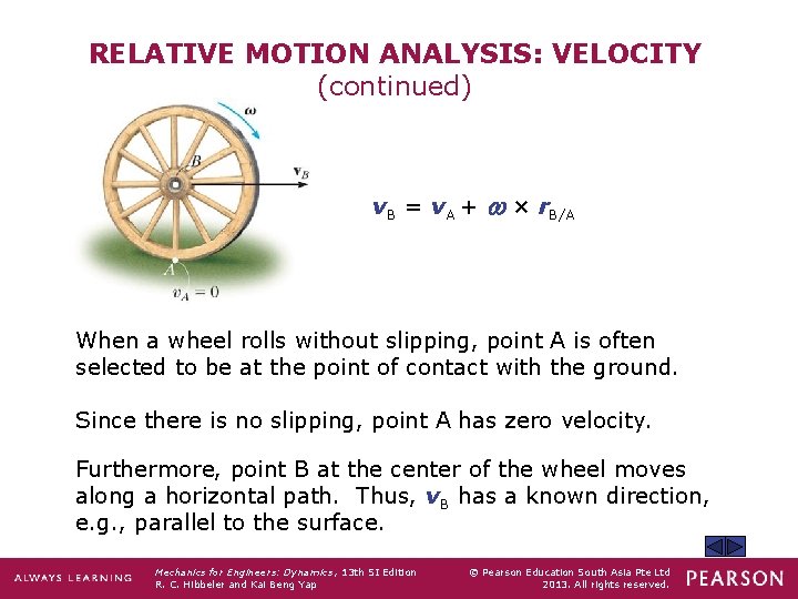 RELATIVE MOTION ANALYSIS: VELOCITY (continued) v. B = v. A + w × r.