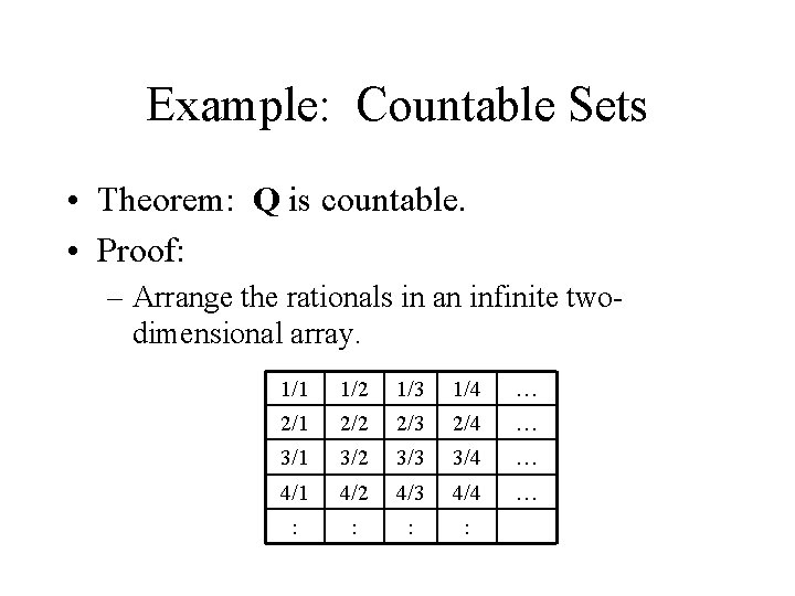 Example: Countable Sets • Theorem: Q is countable. • Proof: – Arrange the rationals