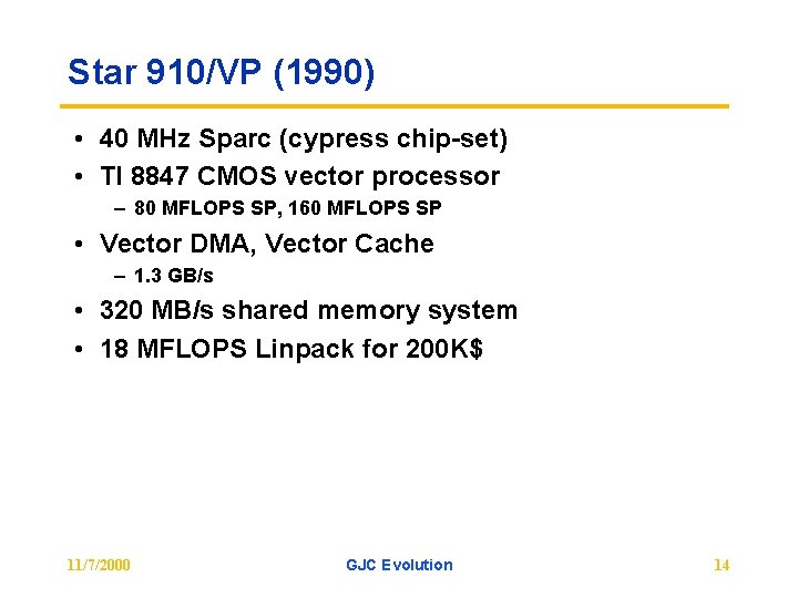 Star 910/VP (1990) • 40 MHz Sparc (cypress chip-set) • TI 8847 CMOS vector