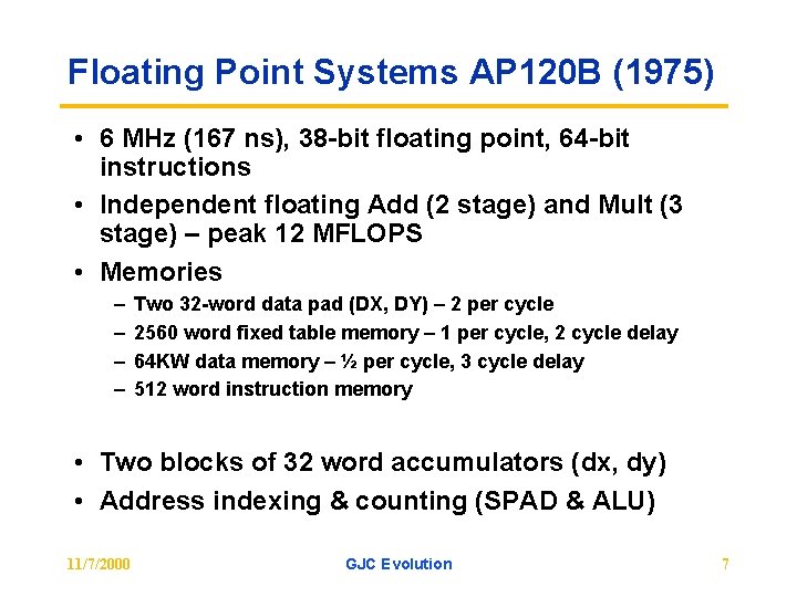 Floating Point Systems AP 120 B (1975) • 6 MHz (167 ns), 38 -bit