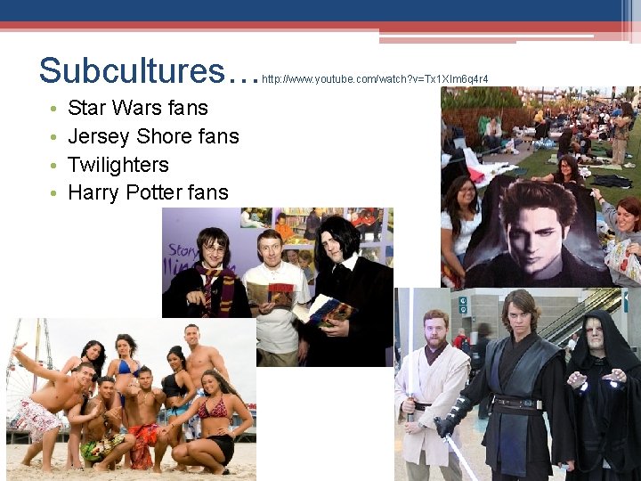 Subcultures… • • Star Wars fans Jersey Shore fans Twilighters Harry Potter fans http: