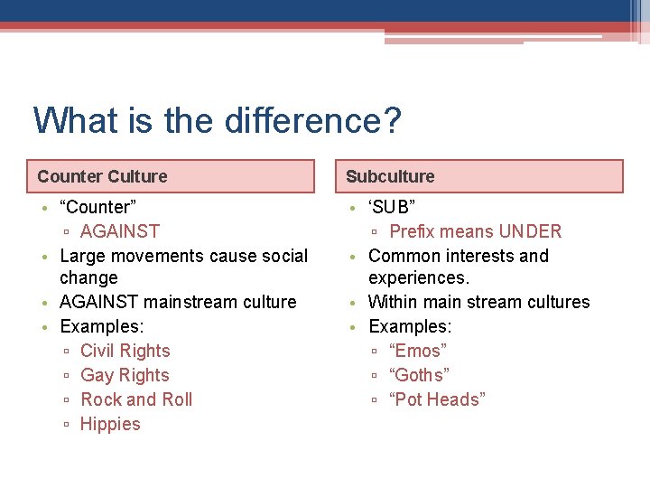 What is the difference? Counter Culture Subculture • “Counter” ▫ AGAINST • Large movements