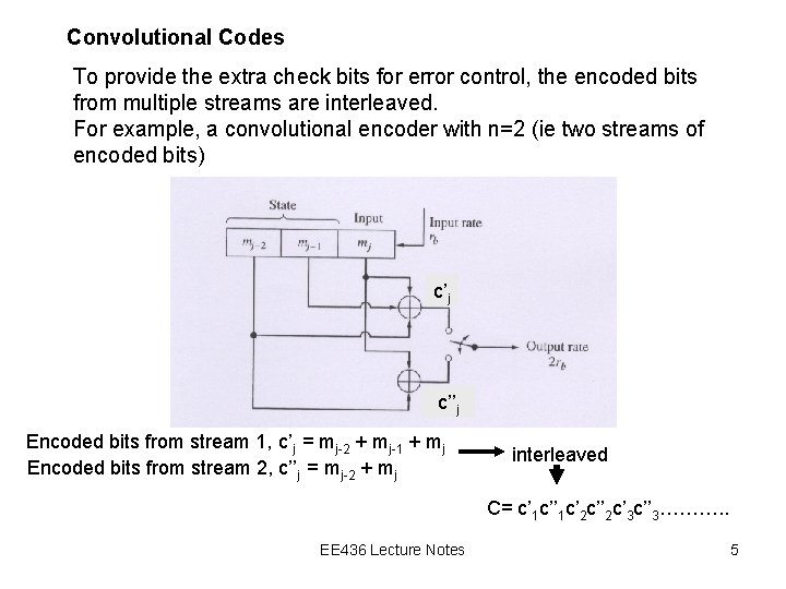 Convolutional Codes To provide the extra check bits for error control, the encoded bits