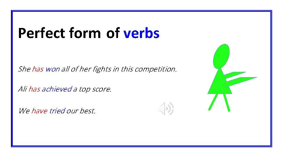 Perfect form of verbs She has won all of her fights in this competition.