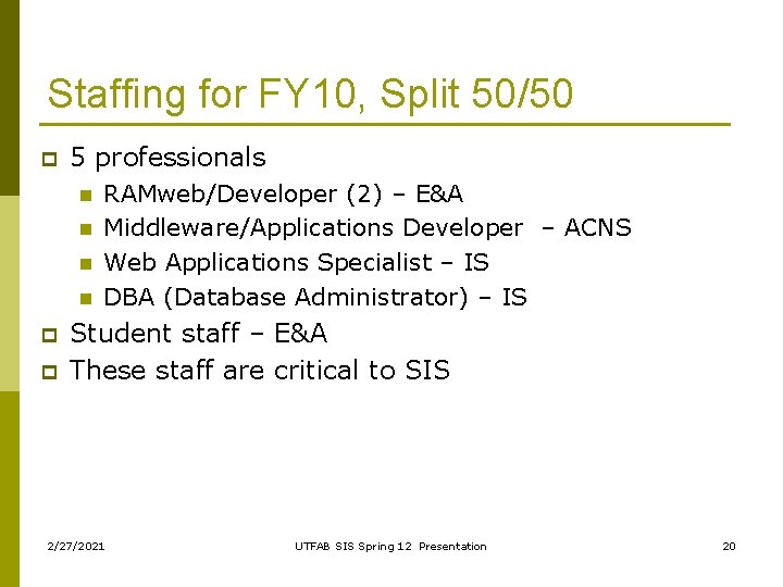 Staffing for FY 10, Split 50/50 p 5 professionals n n p p RAMweb/Developer