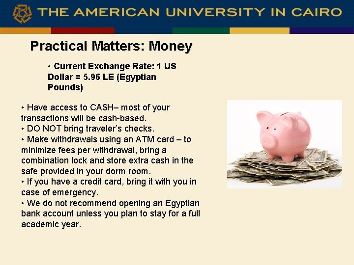 Practical Matters: Money • Current Exchange Rate: 1 US Dollar = 5. 96 LE