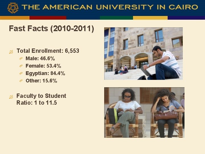 Fast Facts (2010 -2011) Total Enrollment: 6, 553 Male: 46. 6% Female: 53. 4%