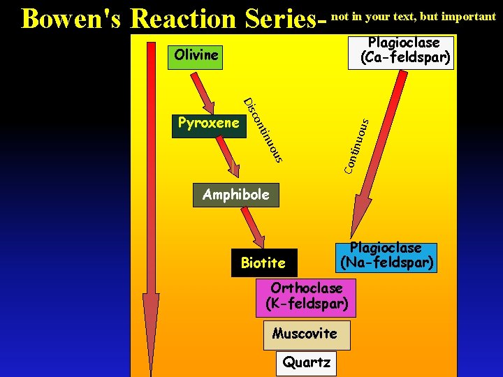 Bowen's Reaction Series- not in your text, but important Plagioclase (Ca-feldspar) Olivine tinu Con