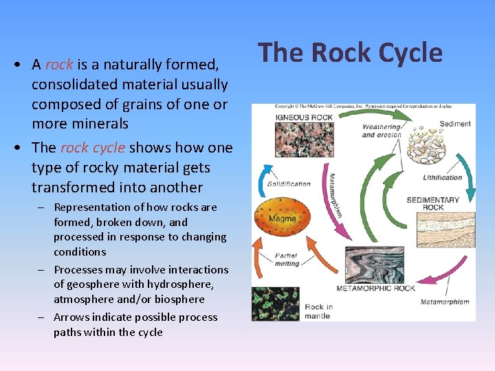  • A rock is a naturally formed, consolidated material usually composed of grains