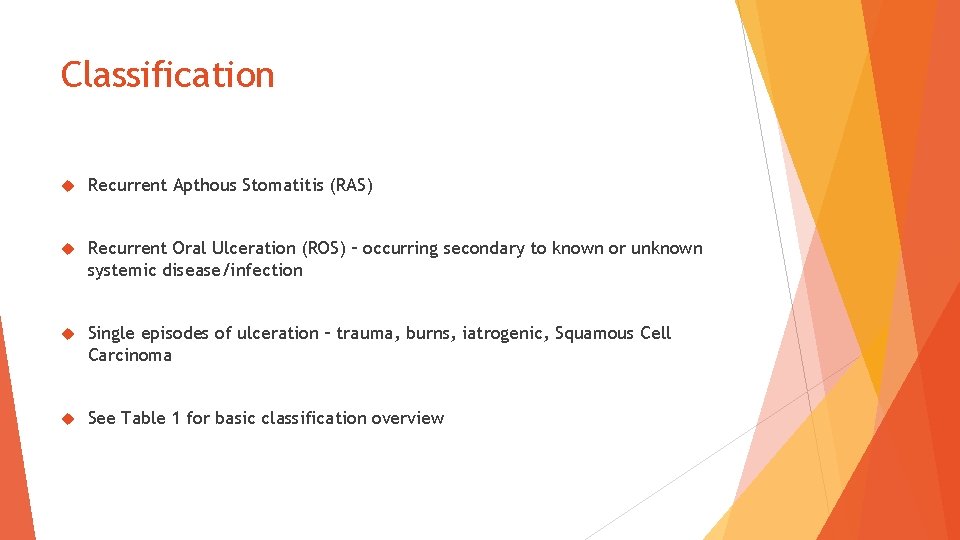 Classification Recurrent Apthous Stomatitis (RAS) Recurrent Oral Ulceration (ROS) – occurring secondary to known