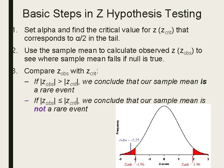 Basic Steps in Z Hypothesis Testing 1. Set alpha and find the critical value